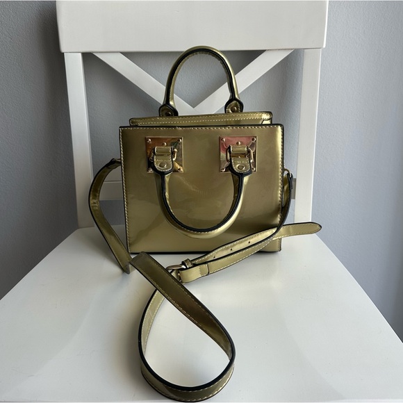 Handbags - Vintage Faux Leather Patent Small Satchel Handbag w/ Crossbody Strap in Gold